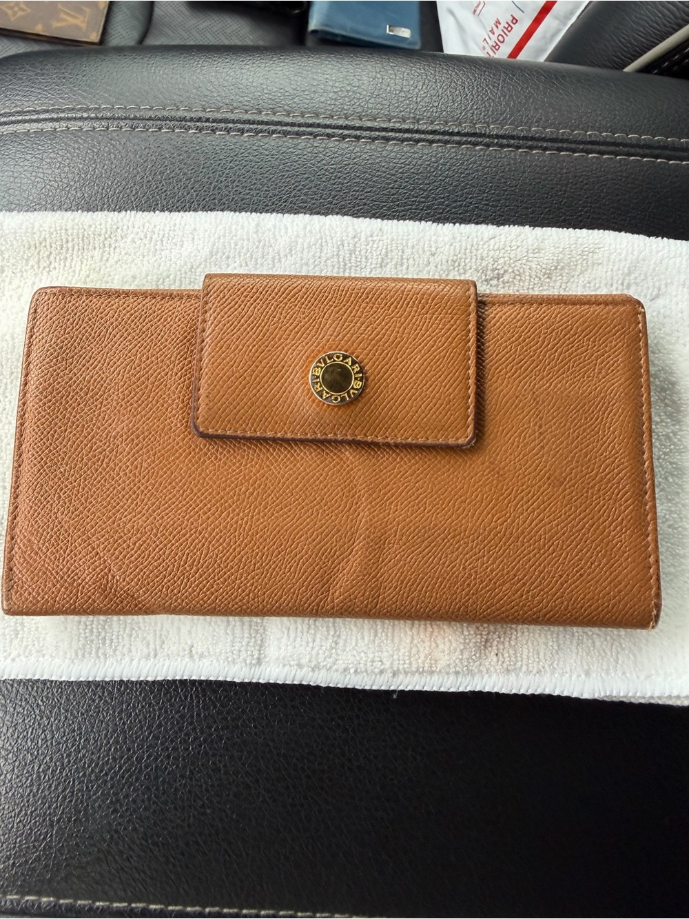 Authentic BVLGARI Tan Leather Snap-Closure Long Wallet w/COA